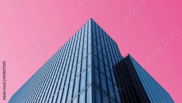 Obraz Modern Glass Building Against Pink Sky - Architectural Design and Urban Skyline