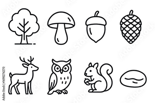 Fototapeta Nature icons: tree, mushroom, acorn, pinecone, deer, owl, squirrel, seed