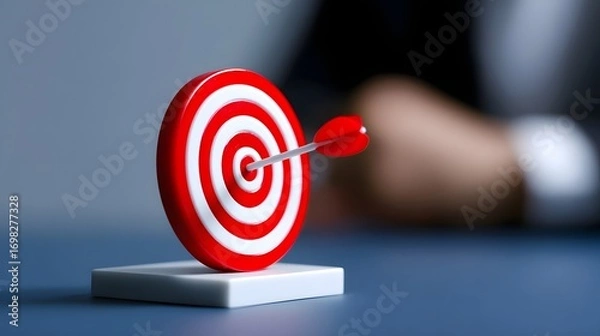 Fototapeta A red and white target with an arrow precisely hitting the bullseye, symbolizing successful strategy, accuracy, and achievement in a professional or business setting.