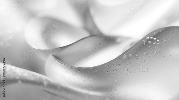 Fototapeta Abstract Monochrome Liquid Wave with Water Droplets - Elegant Silver Gray Background