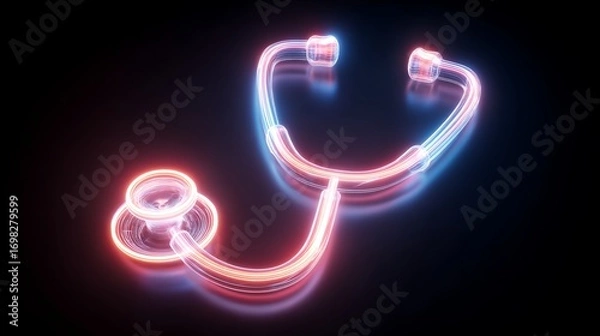 Fototapeta Illuminated stethoscope art rendered in neon colors against a dark backdrop creates modern medical