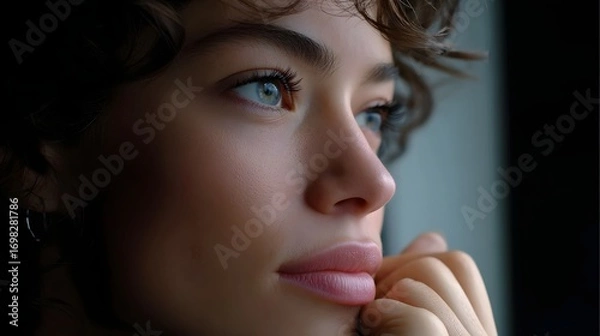 Fototapeta Close-up portrait of a young woman with a thoughtful, introspective expression on her face, her eyes gazing intently with a hint of melancholy
