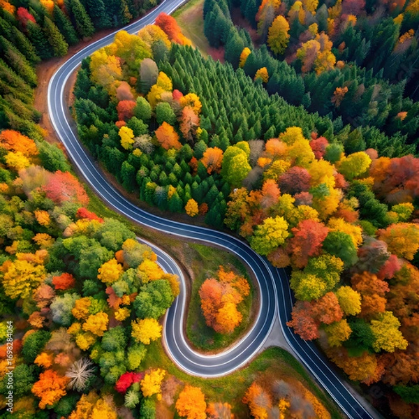 Fototapeta aerial view of winding road through autumn forest