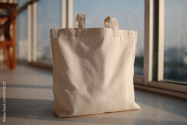 Fototapeta Blank Canvas Tote Bag Against White Wall with Sunlight Through Window
