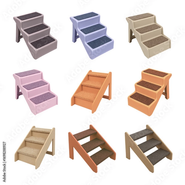 Obraz Pet stairs collection in rows, pet stairs models in pastel and earthy colors with carpet treads, pet stairs for cats and small dogs, isolated transparent background for ecommerce set