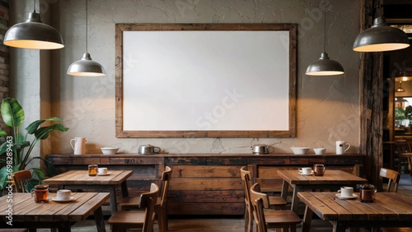 Fototapeta A minimalist living room with a wooden sofa, light-colored walls, and a large window letting in natural light. The empty picture frame on the wall and the tasteful vase with dried branches create a se