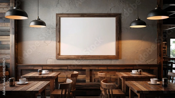 Fototapeta A minimalist living room with a wooden sofa, light-colored walls, and a large window letting in natural light. The empty picture frame on the wall and the tasteful vase with dried branches create a se