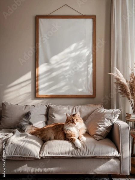 Fototapeta A cozy cat lies peacefully on a soft couch, basking in natural sunlight, with an empty picture frame hanging on the wall. The warm, serene atmosphere creates a relaxing and inviting home setting.