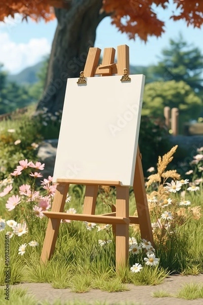 Fototapeta An empty canvas stands on a wooden easel in the midst of a vibrant, sunny garden, surrounded by colorful flowers and trees with autumn leaves. Concept of creativity and outdoor art
