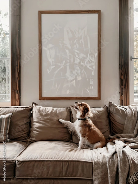 Fototapeta A cute dog sits on a cozy couch, gazing towards an empty picture frame, with soft natural light streaming through the curtains. The peaceful and homey atmosphere highlights the dog's presence in a sim