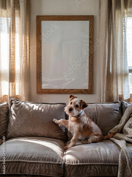 Fototapeta A cute dog sits on a cozy couch, gazing towards an empty picture frame, with soft natural light streaming through the curtains. The peaceful and homey atmosphere highlights the dog's presence in a sim