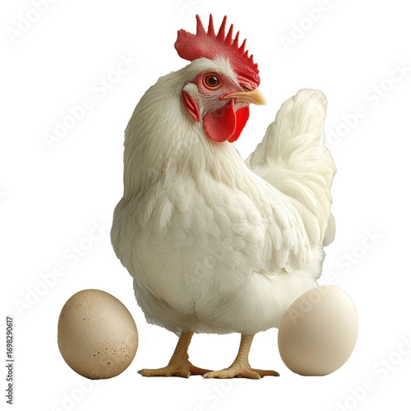 Fototapeta Laying hen standing next to two chicken eggs, isolate on transparent white background