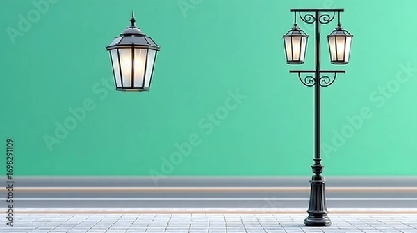 Fototapeta Vintage Wrought Iron Tall Lampadaire in European Style with Softly Glowing Lights