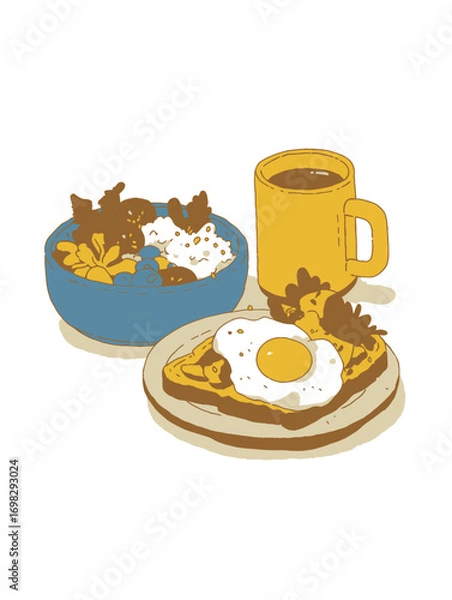 Fototapeta Cozy Breakfast Illustration with Coffee, Toast, and Fruit Bowl
