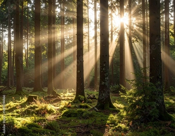 Fototapeta Sunlight streams through a misty forest (1)