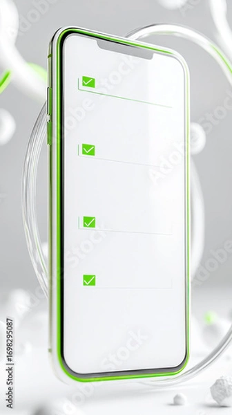 Fototapeta Minimalist smartphone screen with sleek survey checklist interface displaying green checkmarks. Survey research answer checklist