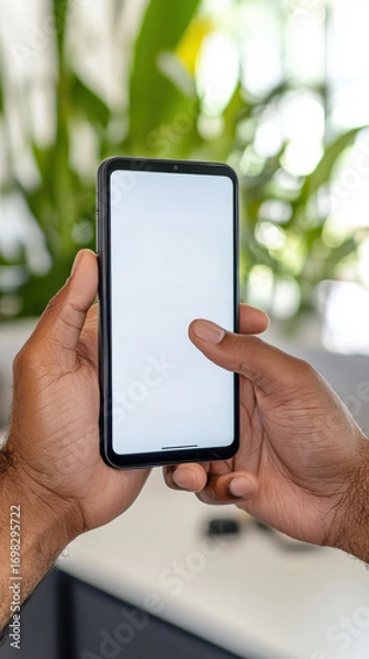 Fototapeta Hand holding a modern touchscreen device displaying a clear digital checklist. Survey research answer checklist