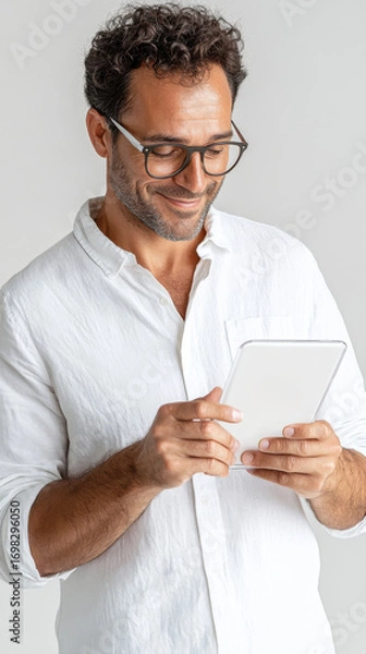 Fototapeta Young professional in business casual holding virtual checklist on transparent tablet with neon green checkmarks. Survey research answer checklist