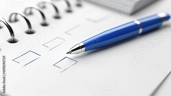 Fototapeta Open classic notepad with questionnaire page and blue ink pen, perfect for educators or workshop leaders in a bright workspace. Survey research answer checklist