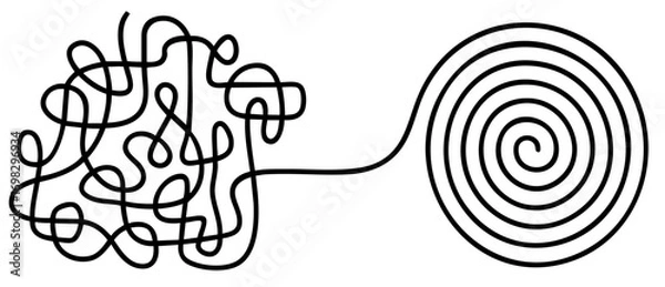 Fototapeta tangled chaotic lines transforming into an ordered spiral, process of therapy, mindfulness, problem solving, stress management, clarity, organization, and personal growth in psychology and coaching
