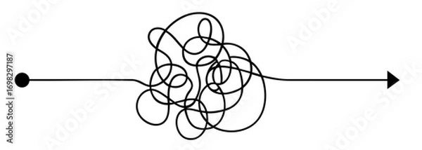 Fototapeta single path from start to goal passing through a tangled knot of lines, challenges, obstacles, confusion, problem solving, perseverance, resilience, journey toward success in psychology, business