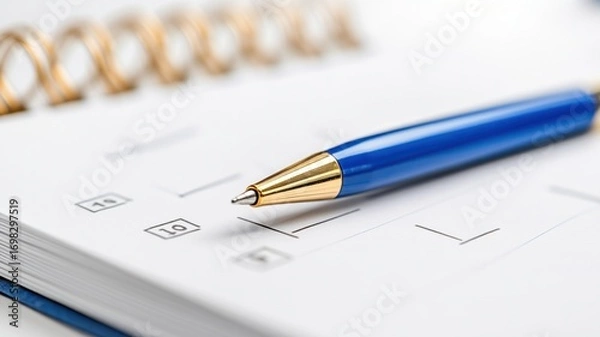 Fototapeta Blank white workspace with classic notepad open to questionnaire and blue pen above checklist. Survey research answer checklist