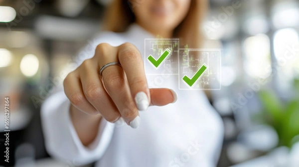 Fototapeta A professional woman in a white blouse taps a holographic survey checklist hovering in mid-air.. Survey research answer checklist
