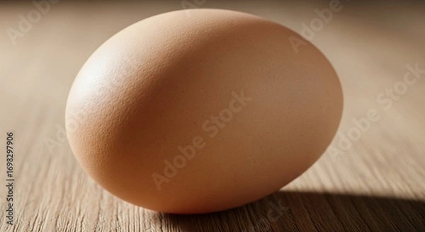 Fototapeta Single brown egg resting softly on a textured wooden surface.