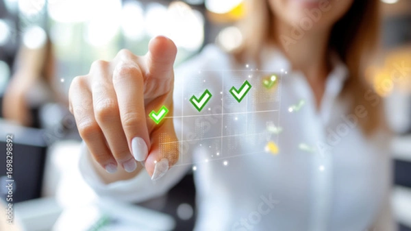 Fototapeta Professional woman in white blouse interacting with holographic survey checklist in modern office setting. Survey research answer checklist