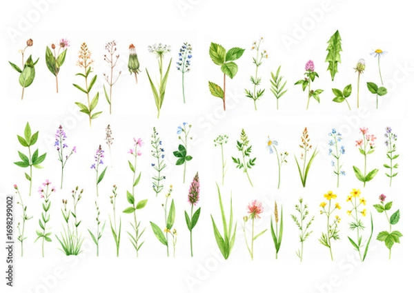 Fototapeta 水彩で描かれた野の花のイラストセット – 素朴でナチュラルな植物素材　草花　