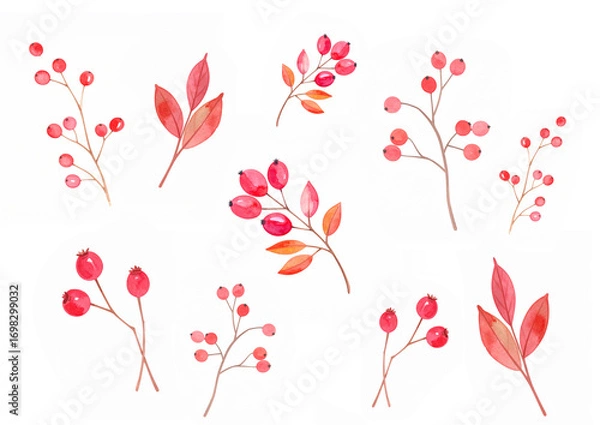 Fototapeta 水彩で描かれた赤い実のイラストセット　ナチュラルで可愛い植物素材　手描きの赤い実イラスト 　素朴　温かみのある植物イラスト　冬　クリスマス