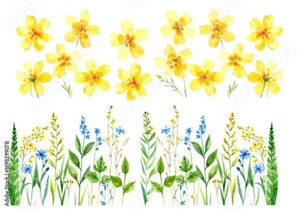 Fototapeta 水彩で描かれた野の花のイラストセット – 素朴でナチュラルな植物素材　黄色の花　草花　