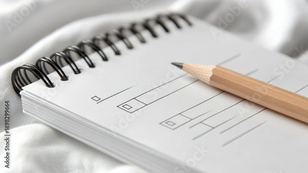 Fototapeta Vertical spiral notepad on white fabric with classroom questionnaire and pencil. Survey research answer checklist