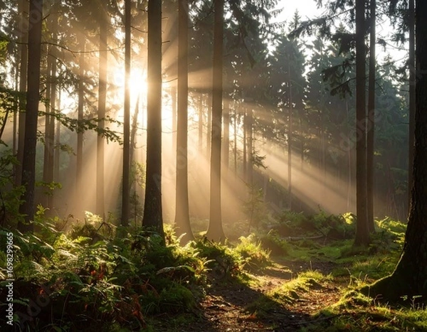 Fototapeta Sunlight streams through a misty forest (2)