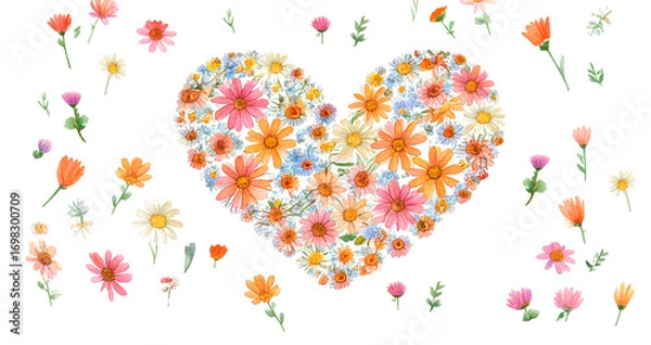 Fototapeta 手描きのお花で形作られたハートのイラスト