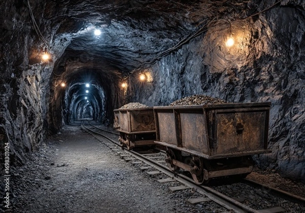 Fototapeta Deep Underground Exploring a Coal Mine's Depths and History with Illuminated Tracks