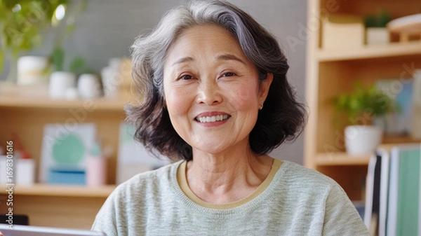 Fototapeta Older Asian woman in elegant office answering survey on a tablet, left side blank for text overlay. Survey research answer checklist