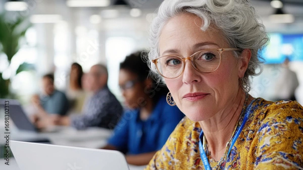 Fototapeta Middle-aged white woman reviewing a questionnaire interface in an open-plan office setting. Survey research answer checklist