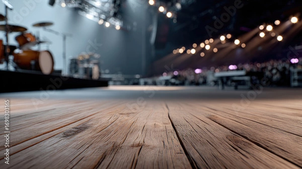 Fototapeta Empty wooden stage with dramatic lighting, musical instruments, and blurred audience, creating energetic concert atmosphere