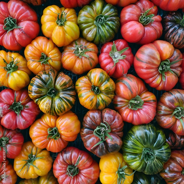 Fototapeta Colorful heirloom tomatoes displayed at farmers market, overhead view