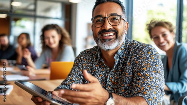 Fototapeta South Asian man in his 30s leading a discussion in a bright meeting room, reviewing survey feedback on a tablet with a multicultural team in the background. Survey research answer checklist