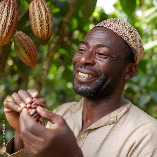 Fototapeta Smiling farmer holding cocoa beans in plantation