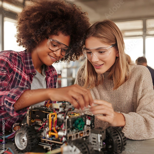 Fototapeta Engineering students building a robot in robotics laboratory