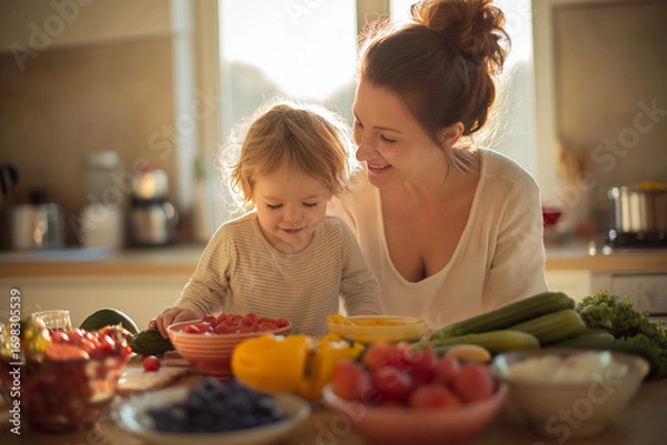 Obraz Mother and Child Cooking Tgether at Home