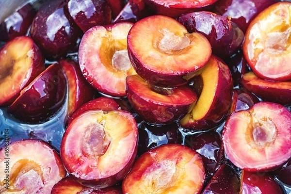 Fototapeta plums chopped on jam texture background