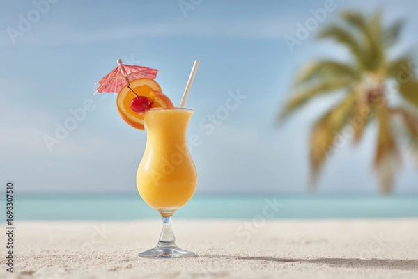 Fototapeta tropical cocktail sits elegantly on pristine beach surrounded by swaying palm trees