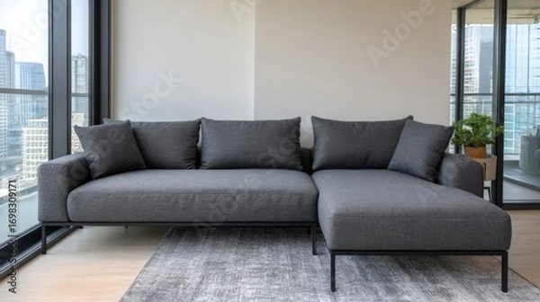 Fototapeta Empty modern grey L-shaped sectional sofa in a contemporary apartment with large windows overlooking a river,