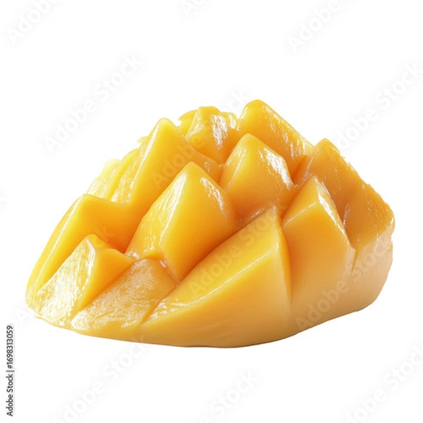 Fototapeta Juicy peeled mango cut into pieces, isolate on transparent white background