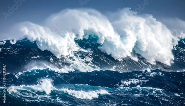 Fototapeta Dramatic ocean waves crashing with white foam, power of nature displayed