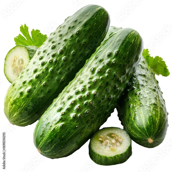 Fototapeta Fresh ripe cucumbers next to sliced wedges, isolate on transparent white background